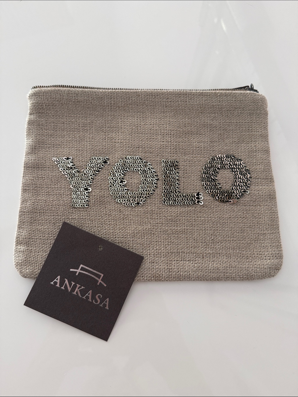Ankasa Beige Linen Sequin Yolo Embellished Clutch Zipper Pouch